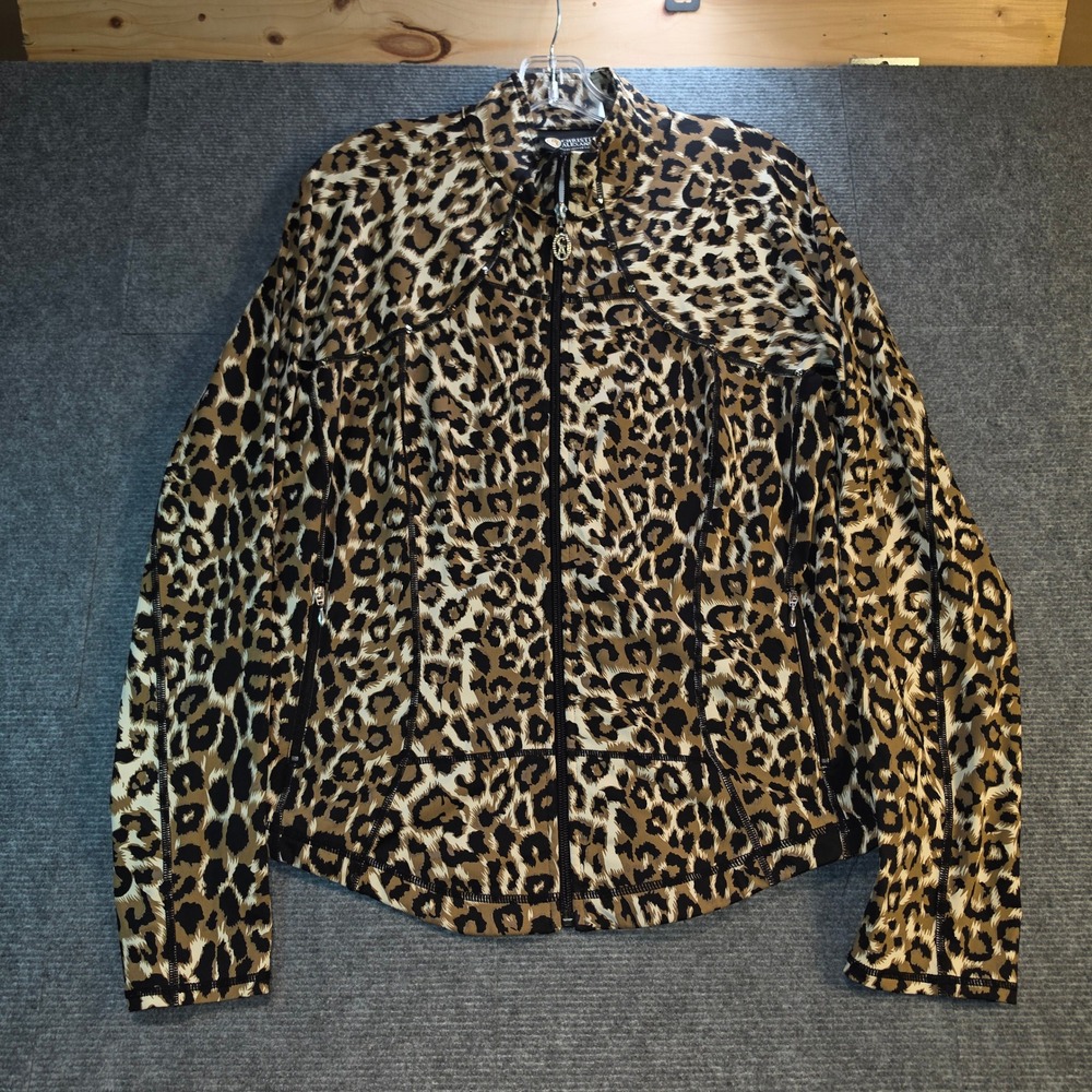 Christine Alexander Jacket Women Large Brown Leopard Print Zip Up Rhinestone Exc